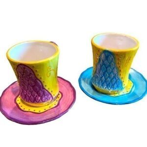 Set of 2 Tea cup with Saucer - Bright Color Blue & Purple - 2003 CBK